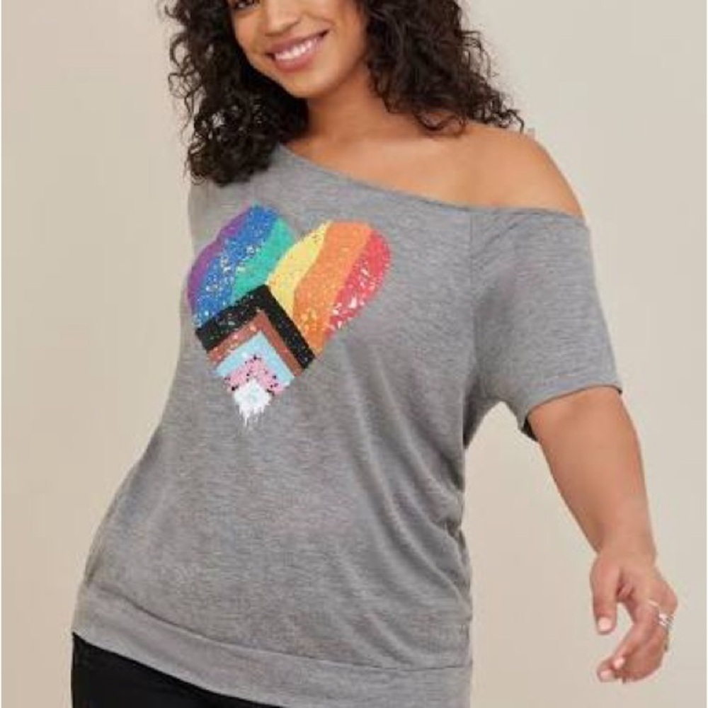 Torrid Gray Off-Shoulder Rainbow Heart Tee
